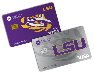 The LSU Debit & Credit Cards are now available at Hancock Whitney